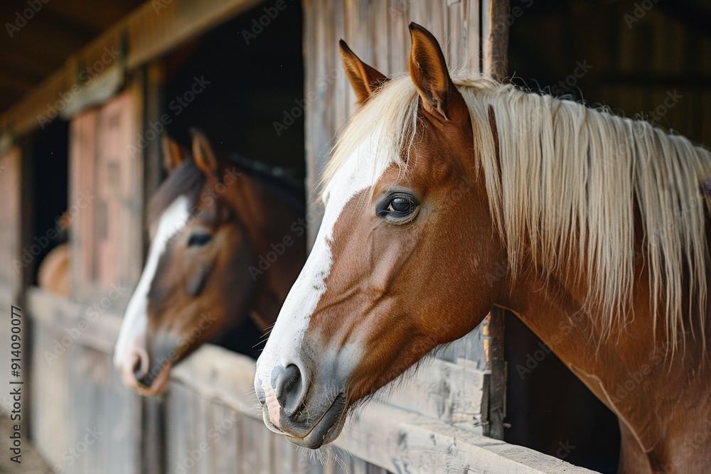 Fototapeta premium Feeding brown and white horses in the stable