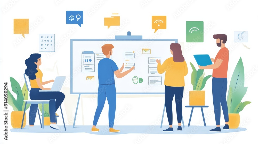 Collaborative Strategic Planning Meeting with Colleagues - Minimalist Flat Illustration on Whiteboard Collaborative Strategic Planning Meeting with Colleagues - Minimalist Flat Illustration on Whiteboard