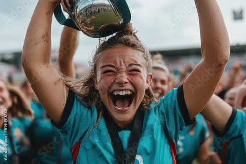 A female athlete is exuberantly celebrating her victory, holding a trophy over her head with an ecstatic expression surrounded by teammates in a stadium setting. photo