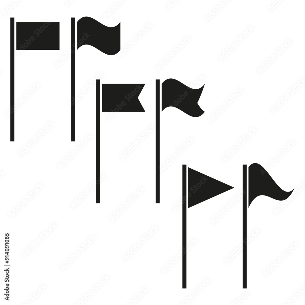 Flag icons set. Six different flag designs. Black and white vector illustrations. Simple and modern symbols. Flag icons set. Six different flag designs. Black and white vector illustrations. Simple and modern symbols.
