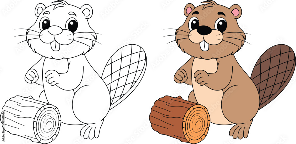 Cute Beaver Isolated on White Background Outline Coloring Page