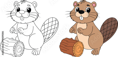 Obraz na płótnie Cute Beaver Isolated on White Background Outline Coloring Page w salonie