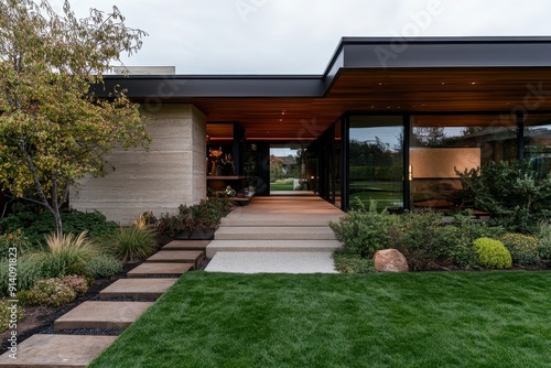 A contemporary house featuring expansive windows and a beautifully maintained garden  creating a harmonious connection with the outdoors  and exuding a calm  serene vibe.