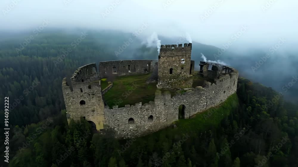 Wide Angle Drone Sweep of Ancient Medieval Castle Ruins Atop a Hill with Mist from Surrounding Forest - Cinematic Historical Video
Wide Angle Drone Sweep of Ancient Medieval Castle Ruins Atop a Hill with Mist from Surrounding Forest - Cinematic Historical Video