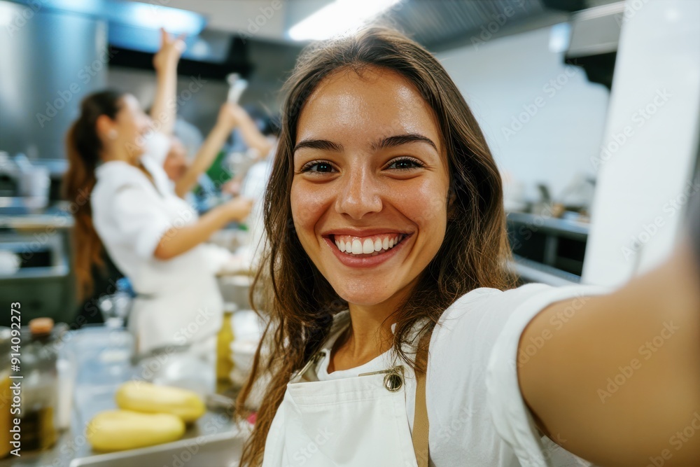 joyful young woman taking a selfie during a cooking class in a professional kitchen