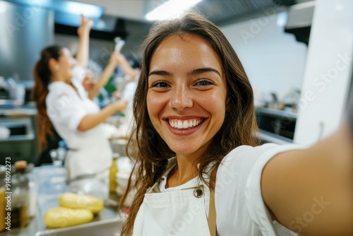 Obraz na płótnie joyful young woman taking a selfie during a cooking class in a professional kitchen w salonie
