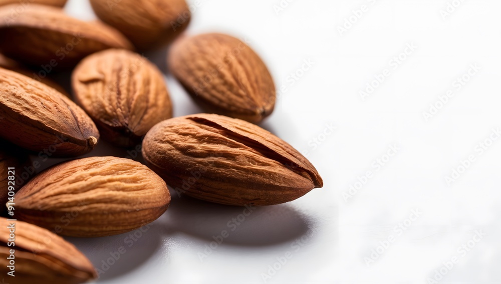 A bunch of almonds, scattered on a plain white background, the almonds are brown in color and have a texture. A bunch of almonds, scattered on a plain white background, the almonds are brown in color and have a texture.