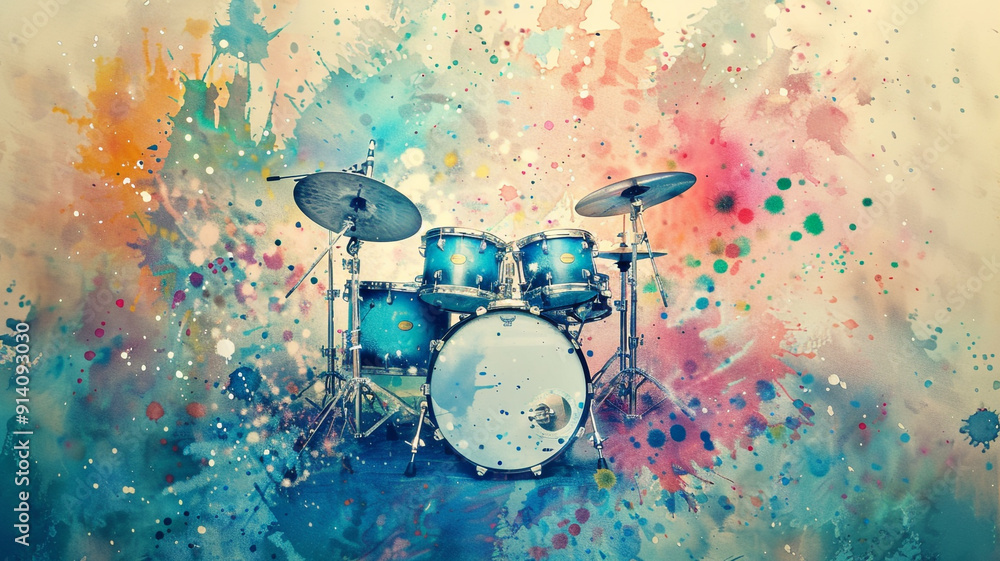 drum set on the field of watercolor splashes drum set on the field of watercolor splashes