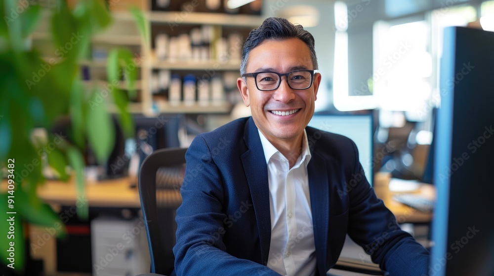 Happy Office Worker Smiling While Typing Happy Office Worker Smiling While Typing