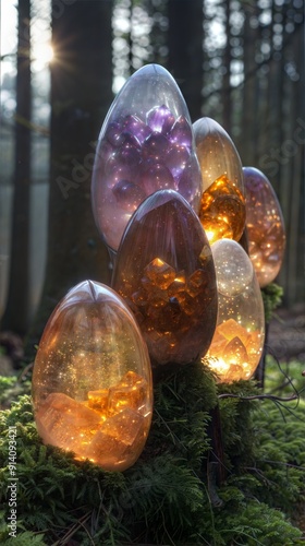 Enchanted Forest with Glowing Crystal Eggs Illuminated by Sunlight photo