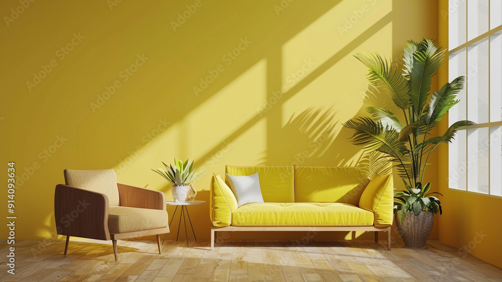 living room with modern furniture and yellow walls interior scandinavian design, wall mockup living room with modern furniture and yellow walls interior scandinavian design, wall mockup