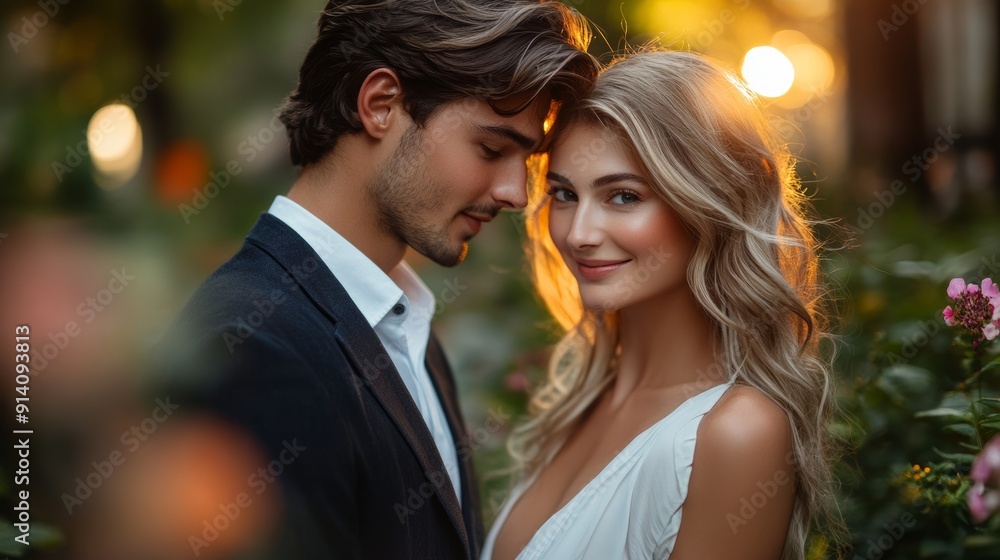 A man and a woman are standing in a field, smiling at the camera A man and a woman are standing in a field, smiling at the camera