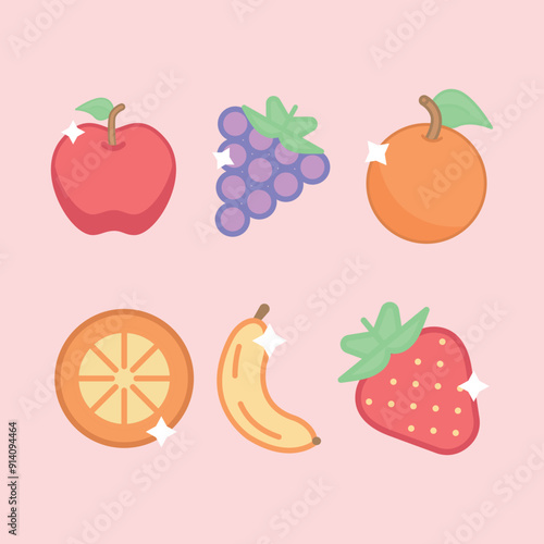 Delicate pink candy colors pattern with fruits, apple, orange, grape, banana and strawberry