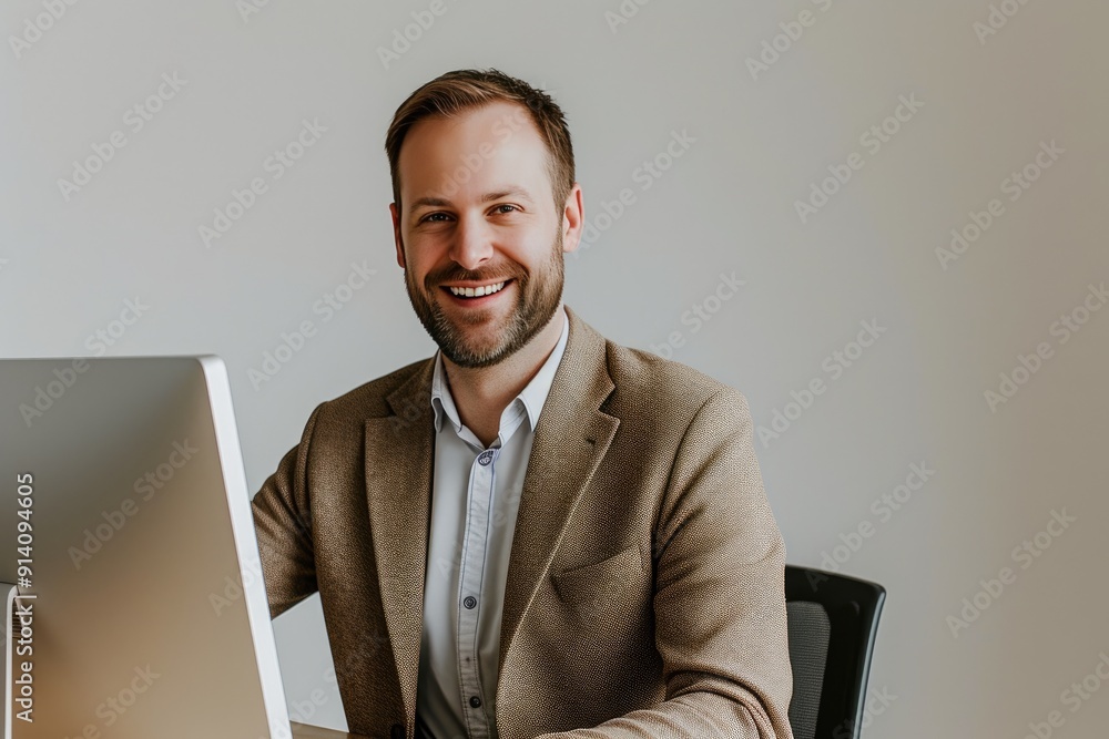 Content Businessman Smiling While Working on Computer Content Businessman Smiling While Working on Computer