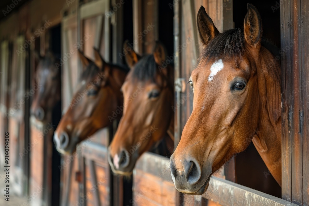 Horse peeking over stable doors amidst others Horse peeking over stable doors amidst others