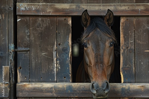 Horse s head peeking out of stable photo