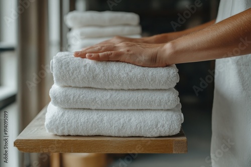 The image shows a person's hands neatly stacking freshly laundered white towels on a wooden shelf, capturing a moment of cleanliness and organization in a home or hotel setting.