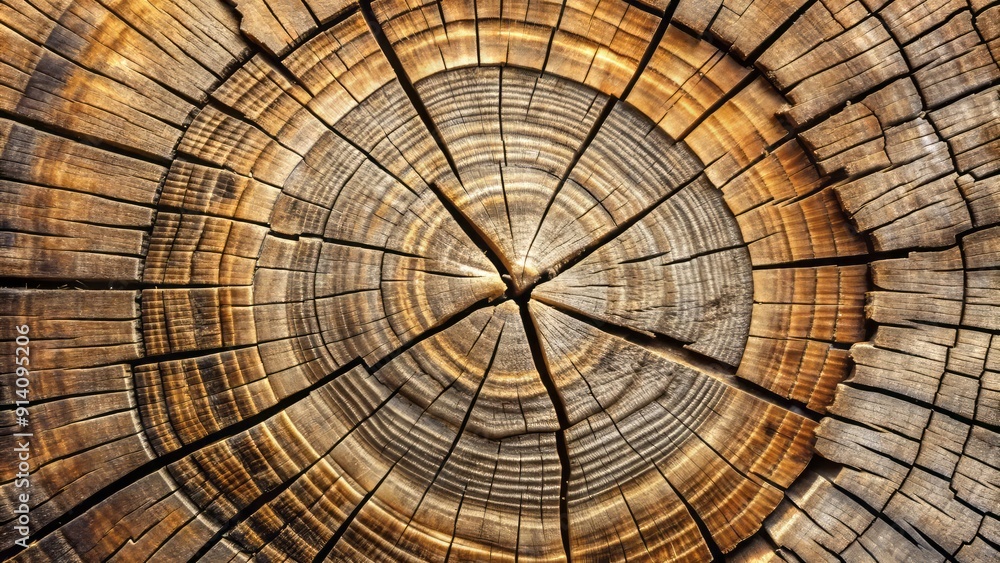 Φωτογραφία Close-up of a felled tree trunk's radial growth rings and cracks, showcasing a weathered, aged wooden background texture with a natural, retro aesthetic