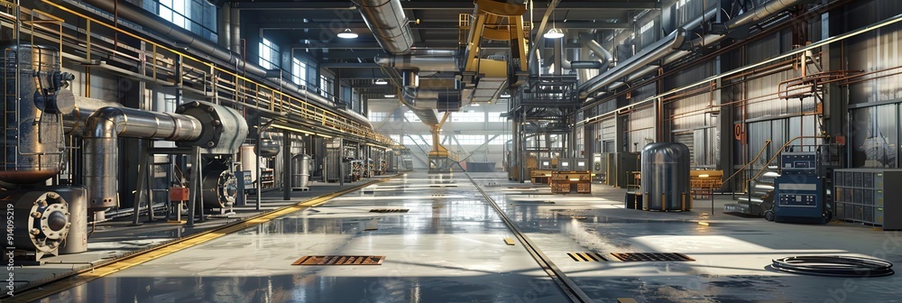 Industrial Factory Interior 3D Rendering - Large, Open, Spacious, With Pipes and Machinery, Sun Light, Concrete Floor Industrial Factory Interior 3D Rendering - Large, Open, Spacious, With Pipes and Machinery, Sun Light, Concrete Floor