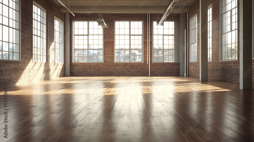 Fototapeta premium Empty warehouse interior, industrial space, large windows, wooden floor, brick walls