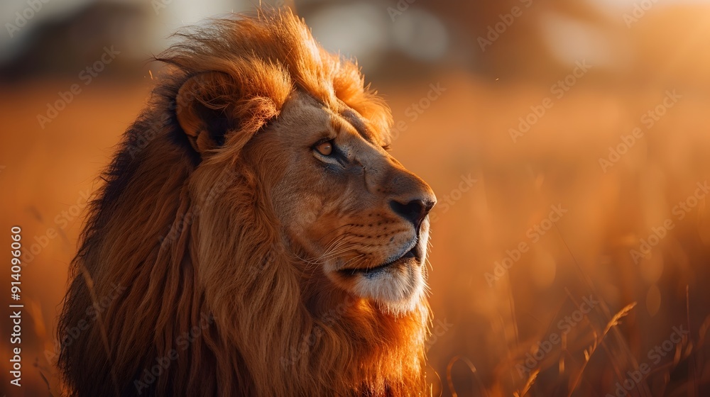 Obraz premium Majestic Lion with Golden Mane Gazing Intently into the Distance Embodying Strength and Nobility