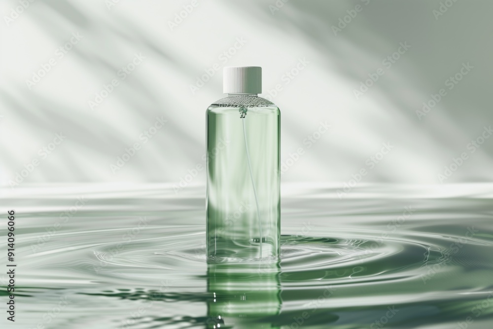 Elegant clear shower gel bottle mockup floating in calm water environment Elegant clear shower gel bottle mockup floating in calm water environment