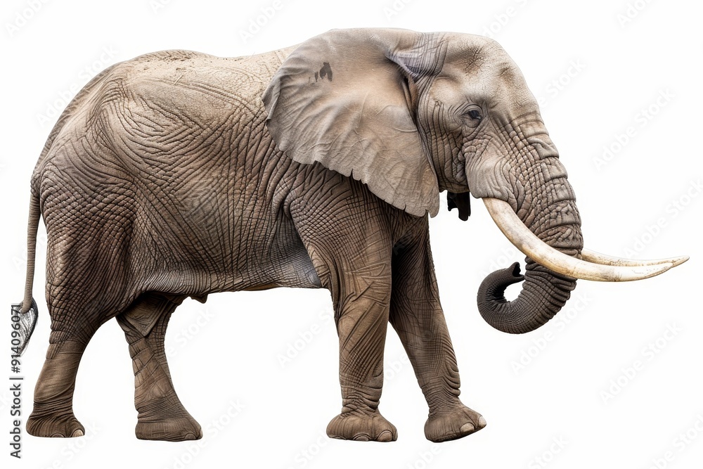 Isolated large African male elephant with long ivory tusks Isolated large African male elephant with long ivory tusks