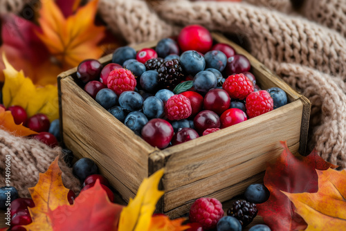 a cozy autumn scene with a small wooden crate filled with a variety of seasonal berries 