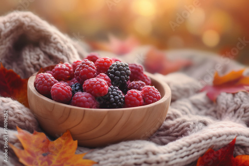 Cozy autumn scene with a rustic wooden bowl filled with an assortment of fresh autumn berries like cranberries, raspberries, and blackberries.