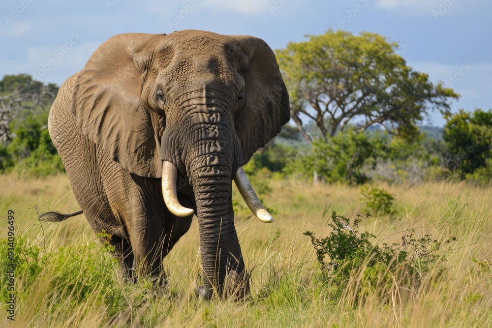 Fototapeta premium Large elephant roaming Kruger National Park s savanna