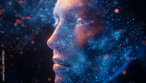 Futuristic Digital Human Face with Cosmic Particles