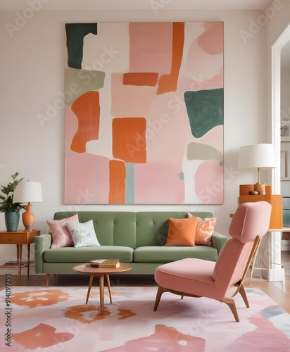 A modern living room with a mid-century style. The room features a green sofa, an orange armchair, a pink and white patterned rug, and a large abstract painting on the wall. The room has a warm, cozy 