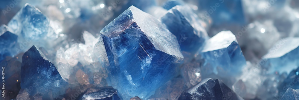 Close-up of blue and white crystalline structures with a microcosmic appearance, highlighting the textures and reflections Close-up of blue and white crystalline structures with a microcosmic appearance, highlighting the textures and reflections