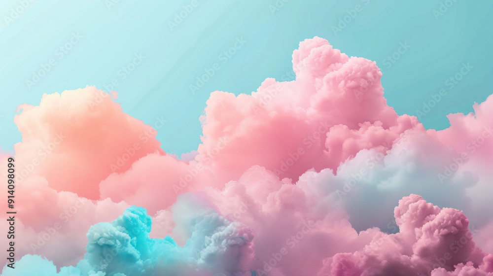 Fototapeta premium Vibrant pastel-colored clouds create a dreamy and surreal atmosphere against a clear sky, offering a perfect backdrop for creative projects.