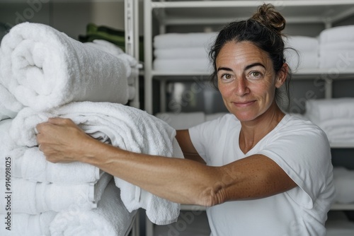 A woman with a gentle smile is arranging a stack of towels in a laundry room, reflecting cleanliness, organization, and care in a home environment filled with white towels. photo