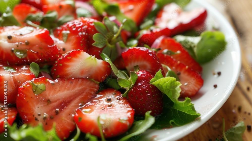 Fresh strawberry fruit salad on table closeup view Fresh strawberry fruit salad on table closeup view