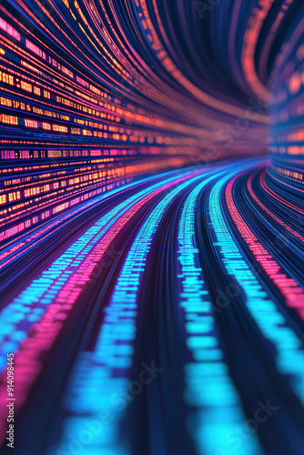 Dynamic digital abstract background with vibrant, glowing binary code streams, depicting fast data transfer and modern technology concepts.