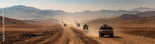Military convoy of armored vehicles traveling through arid desert with mountain backdrop