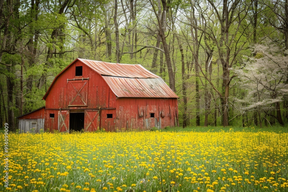 Old red barn in woods with buttercups in spring Old red barn in woods with buttercups in spring