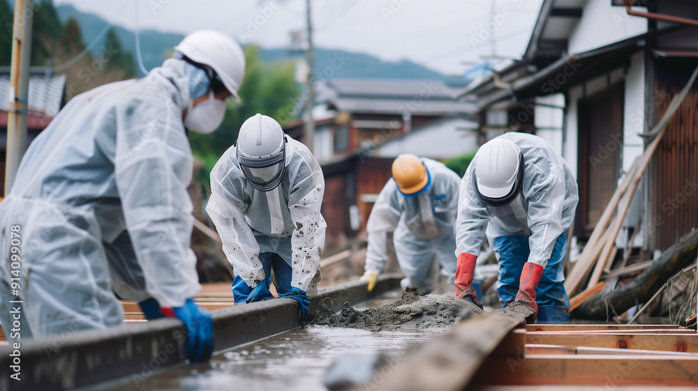 洪水後の橋を修理する作業員 洪水後の橋を修理する作業員