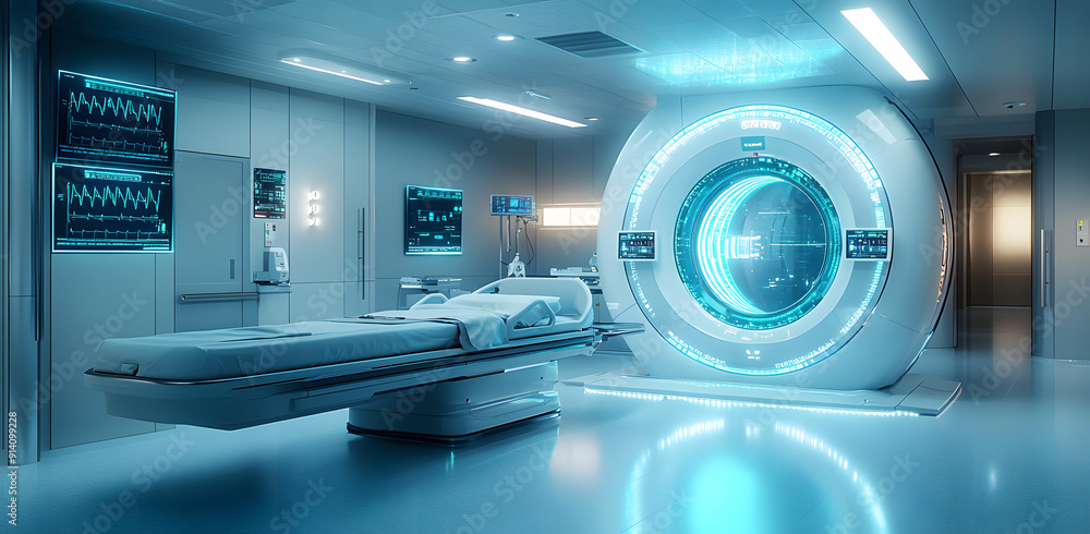 Futuristic Medical Facility with Advanced Technology: MRI Machine and Blue-Toned Digital Screens Futuristic Medical Facility with Advanced Technology: MRI Machine and Blue-Toned Digital Screens