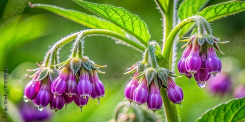 Delicate, bell-shaped purple flowers of the common comfrey wildflower, Symphytum officinale, dangle elegantly from slender stems, showcasing intricate details and soft, velvety petals. photo