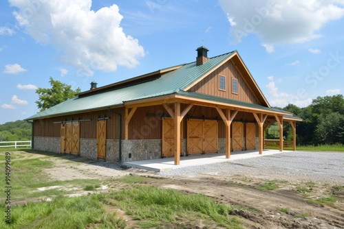 Post frame horse barn with two lean to s six stalls and concrete floor featuring two sliding barn doors