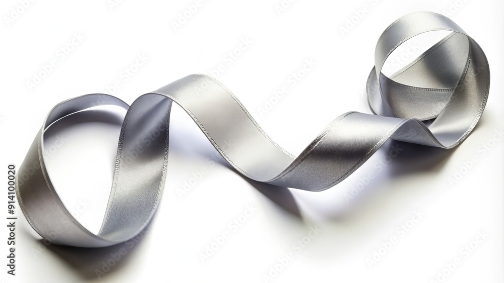 Delicate gray satin ribbon unwinds in a smooth, curved motion, isolated on a white background, perfect for wrapping gifts, decorating, or adding a touch of elegance. Delicate gray satin ribbon unwinds in a smooth, curved motion, isolated on a white background, perfect for wrapping gifts, decorating, or adding a touch of elegance.