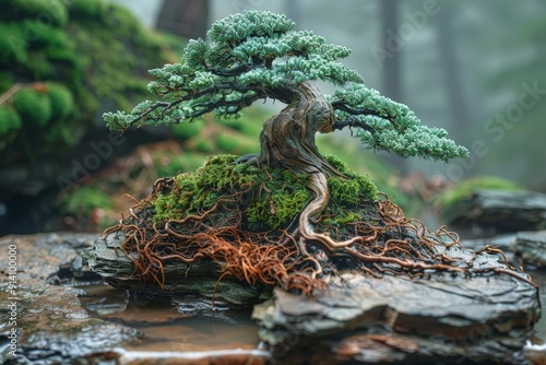 A onsai tree styled in the form, with a perfectly straight trunk and balanced branches photo