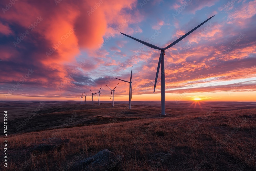 Obraz premium A stunning sunset scene with multiple wind turbines in an open field, silhouetted against a sky ablaze with colorful clouds, reflecting renewable energy and nature's beauty.