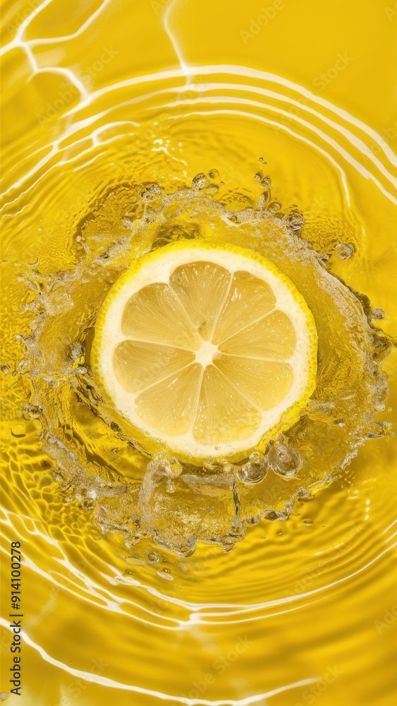 A yellow lemon is floating in a splash of water A yellow lemon is floating in a splash of water