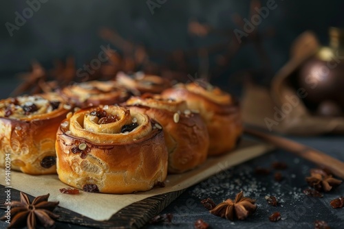 Raisin rolls on dark background with baking paper photo