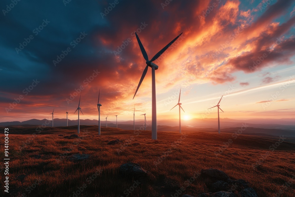 Fototapeta premium Wind turbines dot the hilltops at sunset, turning steadily and generating clean energy, symbolizing progress towards renewable energy solutions and sustainable environmental practices.