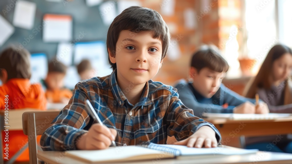 Smiling Schoolboy Engaged in Writing Activity at School Smiling Schoolboy Engaged in Writing Activity at School
